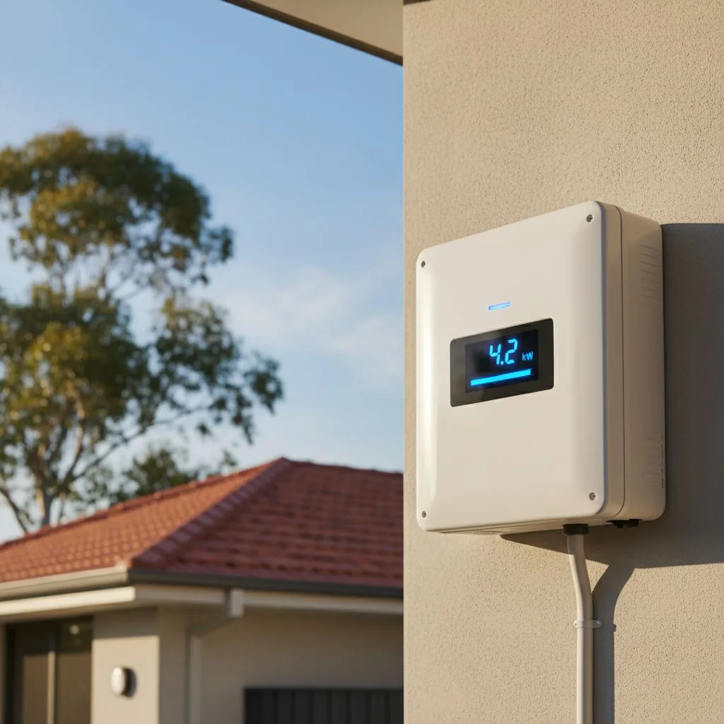 Illustrative solar inverter with a digital power display mounted on an exterior wall