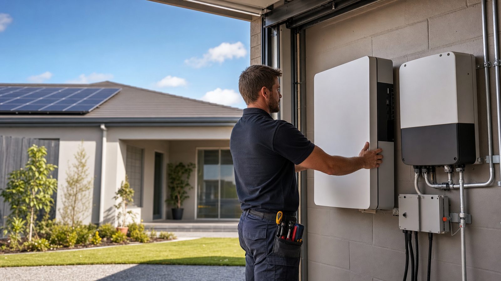Illustration of a wall-mounted home battery and inverter beside a garage opening