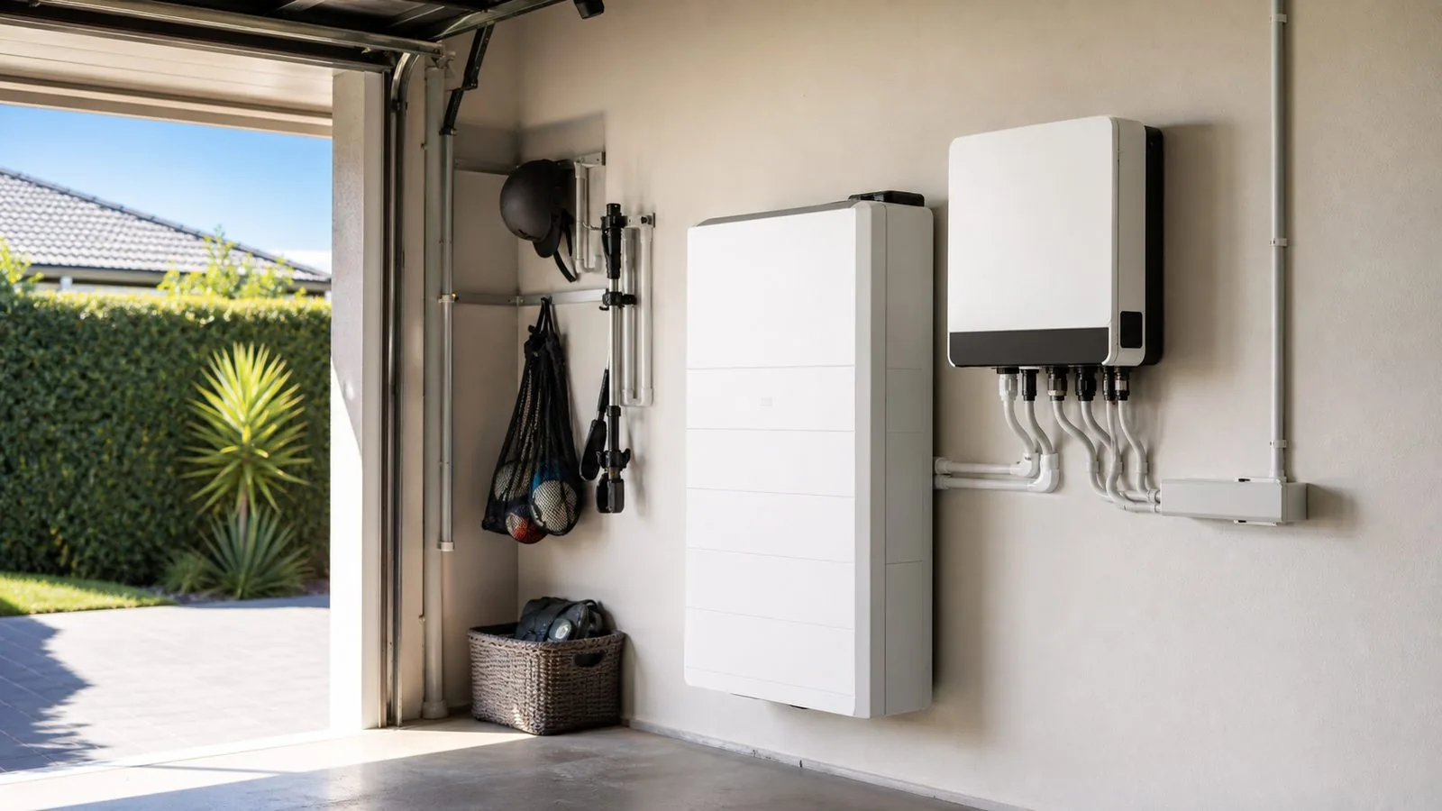 Illustration of home battery storage and inverter mounted in a garage